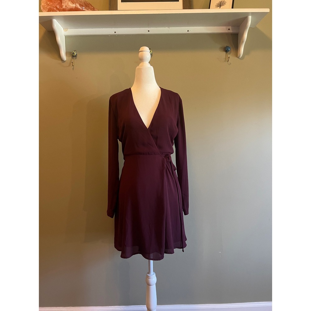 Lush Burgundy Long Sleeve Wrap Mini Dress Wine Red V-Neck XS